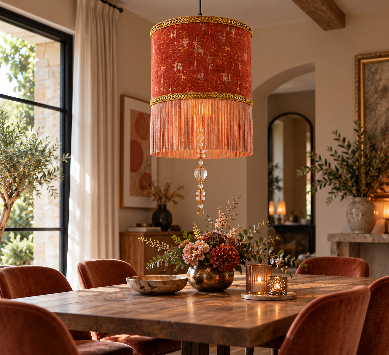 Suspension avec abat-jour terracotta à franges dans une salle à manger