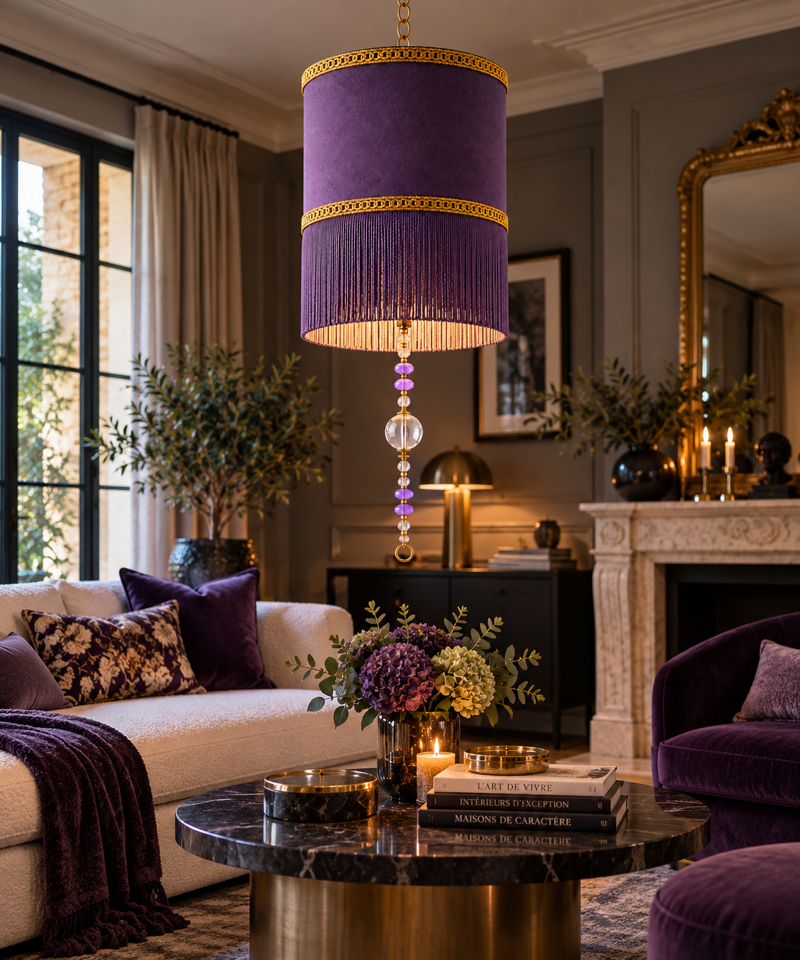 Suspension avec abat-jour violet en velours dans un salon élégant