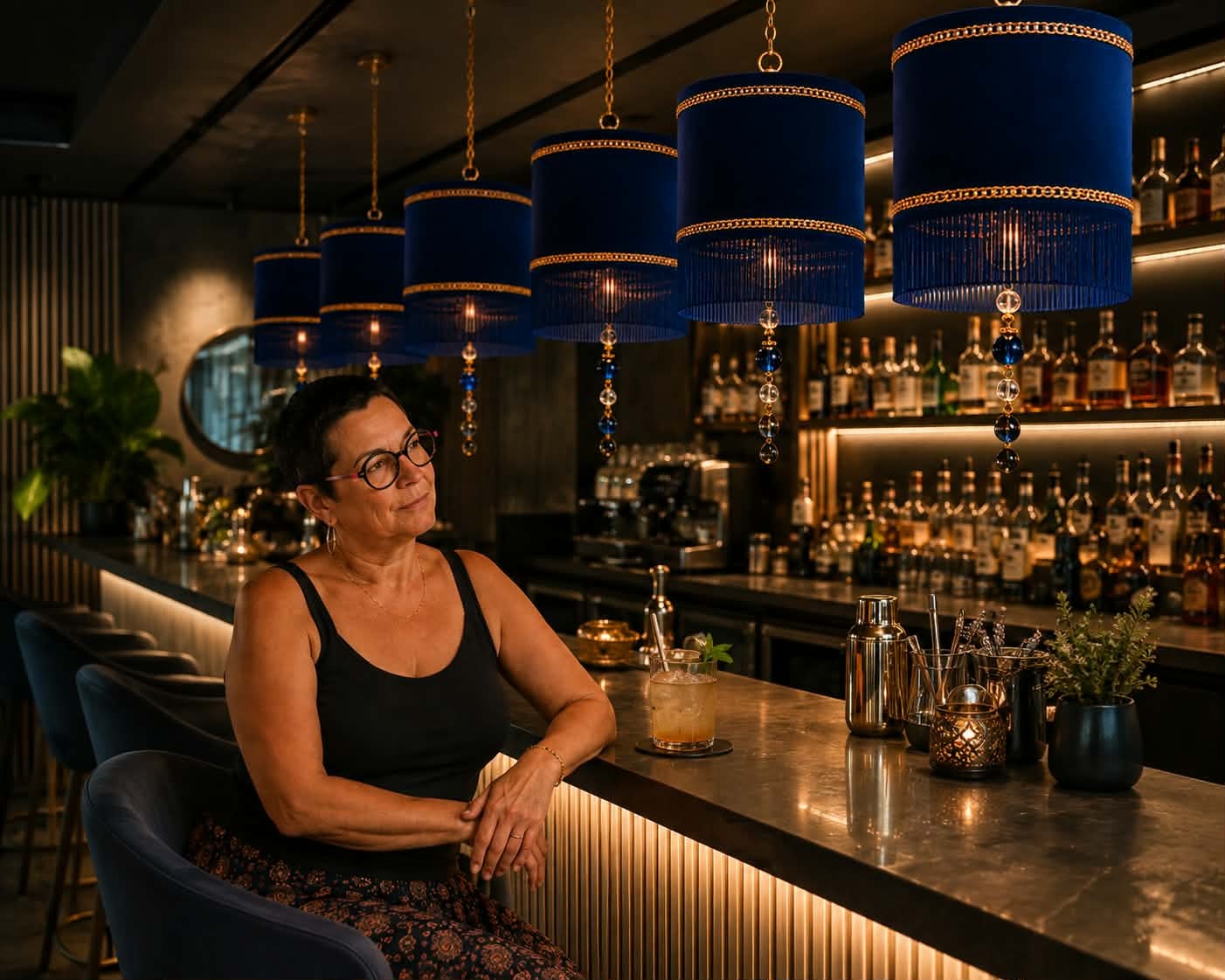 Abat-jour artisanaux pour les professionnels Suspensions artisanales en velours bleu pour l'aménagement d'un bar