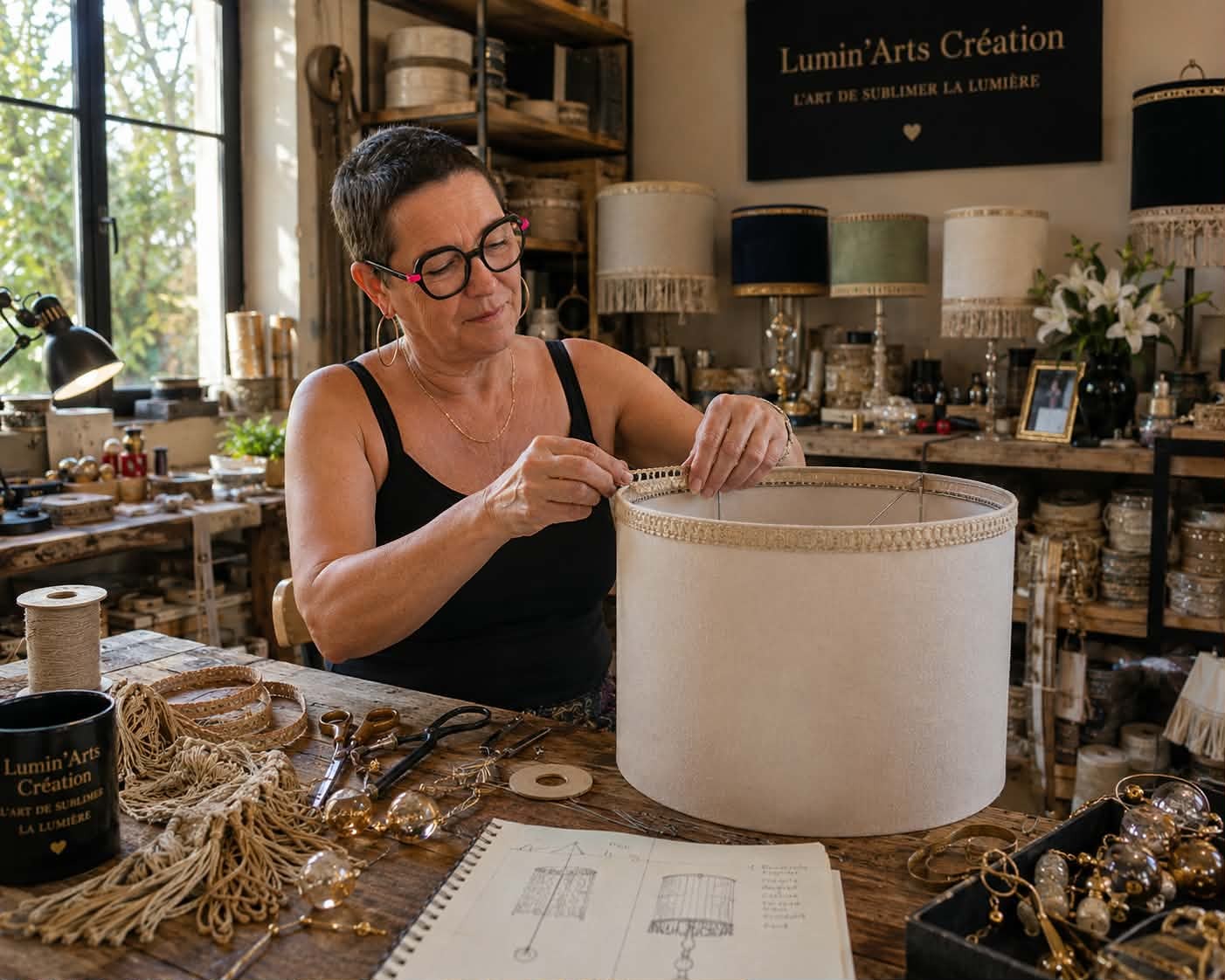 Joëlle fabriquant un abat-jour dans l’atelier Lumin’Arts Création