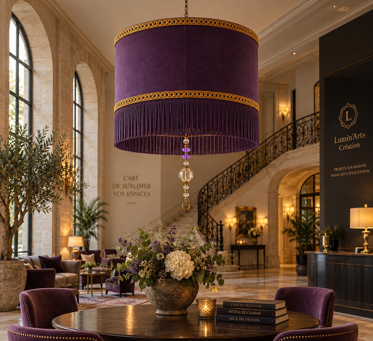 Grand abat-jour violet à franges installé dans un hall avec escalier